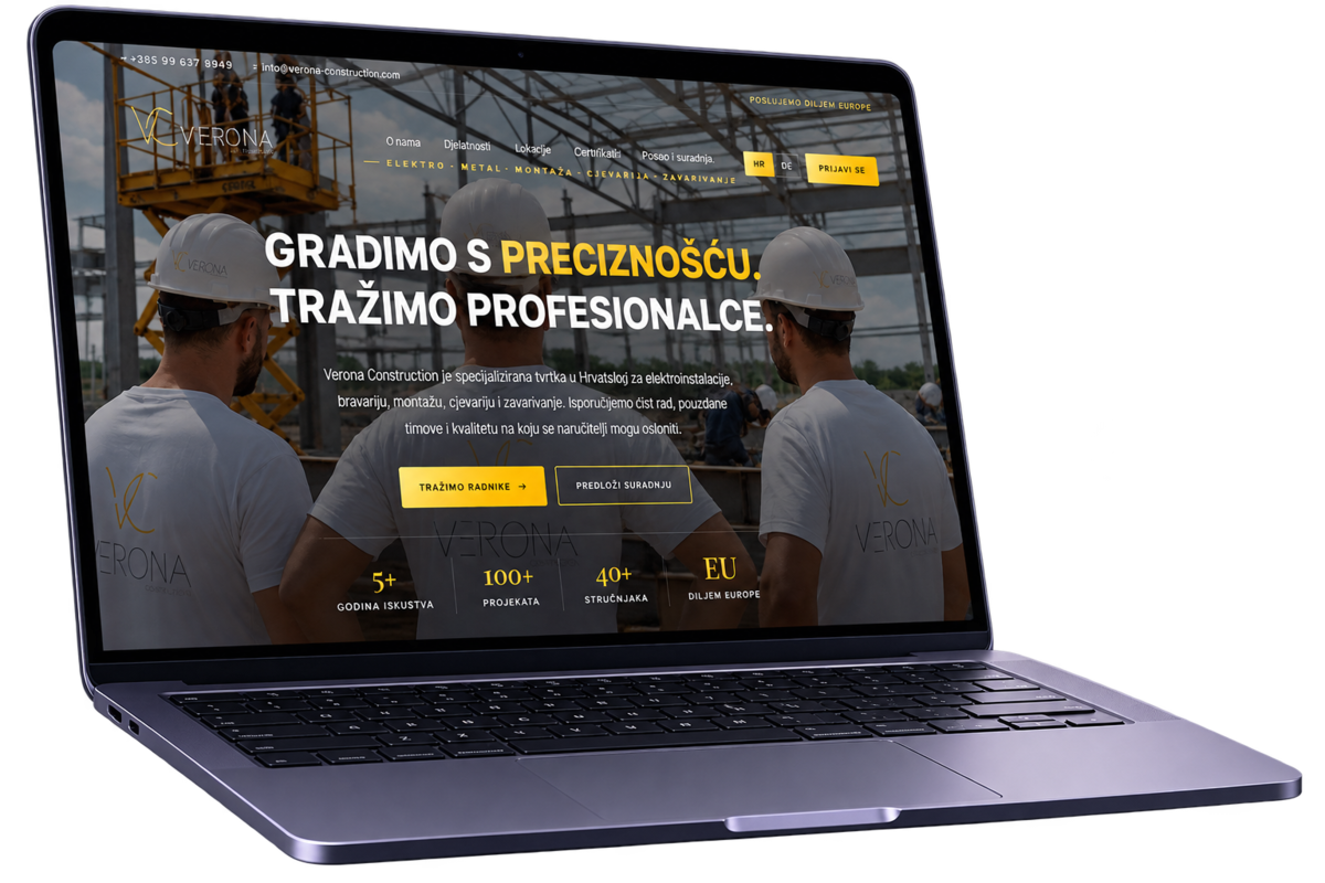 Verona Construction — web stranica prikazana na laptopu